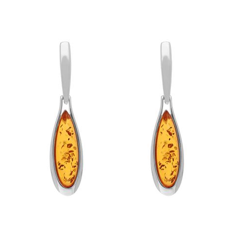 Sterling Silver Amber Long Pear Drop Earrings E1556
