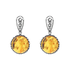 Sterling Silver Amber Round Flower Edge Drop Earrings E1557