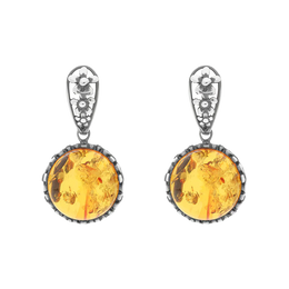 Sterling Silver Amber Round Flower Edge Drop Earrings E1557