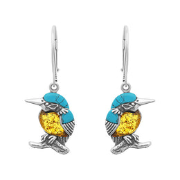 Sterling Silver Amber Turquoise Kingfisher Small Hook Drop Earrings E2525
