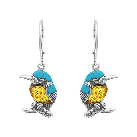 Sterling Silver Amber Turquoise Kingfisher Small Hook Drop Earrings E2525
