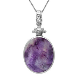 Sterling Silver Blue John White Mother Of Pearl Double Sided Oval Fob Necklace, P100.