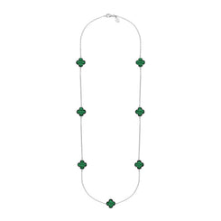 Sterling Silver Malachite Bloom Four Leaf Clover Ball Edge Long Necklace, N1040 