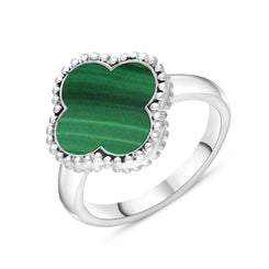 Sterling Silver Malachite Bloom Four Leaf Clover Ball Edge Ring, R1264 