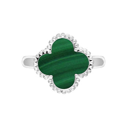 Sterling Silver Malachite Bloom Four Leaf Clover Ball Edge Ring