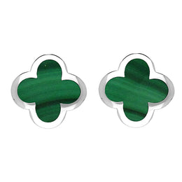 Sterling Silver Malachite Bloom Four Leaf Clover Stud Earrings, E2465 