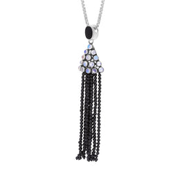 Sterling Silver Rhodium Onyx Moonstone Cascade Large Tassel Necklace D