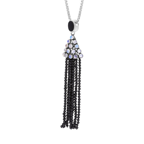 Sterling Silver Rhodium Onyx Moonstone Cascade Large Tassel Necklace D
