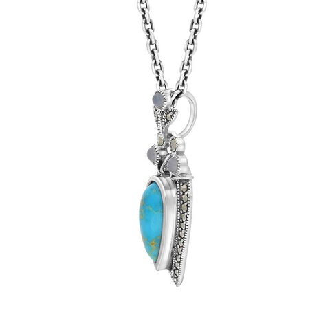 Sterling Silver Turquoise Moonstone Marcasite Pear Shaped Necklace