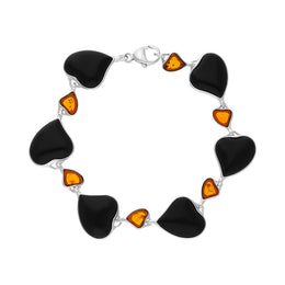 Sterling Silver Whitby Jet Amber Heart Link Bracelet, B725