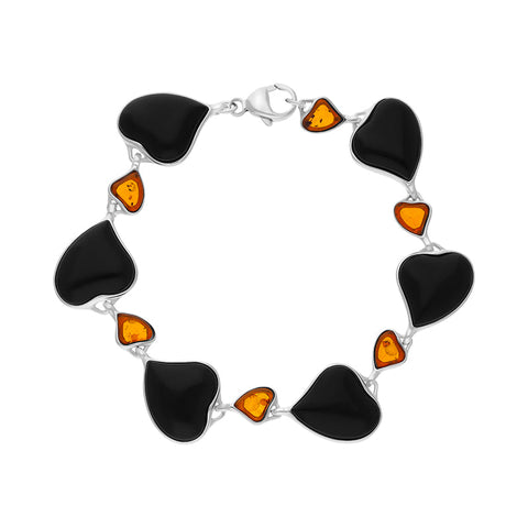 Sterling Silver Whitby Jet Amber Heart Link Bracelet, B725