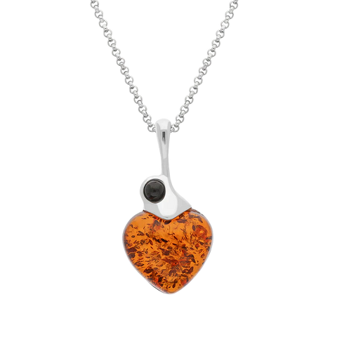 Sterling Silver Whitby Jet Amber Heart Necklace, P3557.
