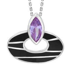 Sterling Silver Whitby Jet Cubic Zirconia Ellipse Pendant Necklace D