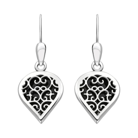 Sterling Silver Whitby Jet Flore Filigree Heart Drop Earrings. E2588.