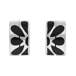Sterling Silver Whitby Jet Flower Inlaid Wavy Open Hoop Stud Earrings E898