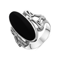 Sterling Silver Whitby Jet  Oval Carved Edge Ring, R110.