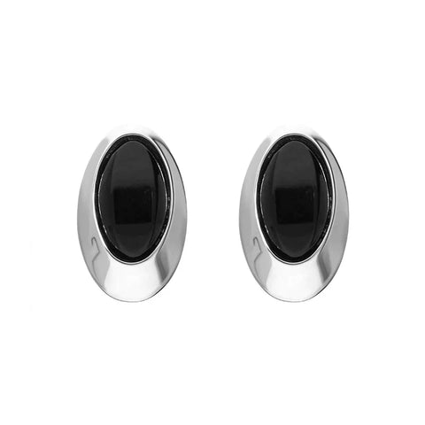 Sterling Silver Whitby Jet Oval Offset Stud Earrings E1659