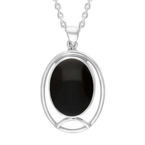 Sterling Silver Whitby Jet Oval Open Frame Necklace Punq0007414