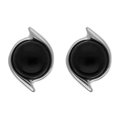 Sterling Silver Whitby Jet Round Swirl Edge Stud Earrings E2579