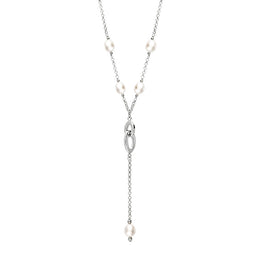 Sterling Silver White Pearl Five Stone Double Oval Drop Necklace, N707.