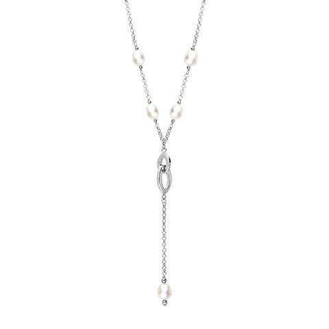 Sterling Silver White Pearl Five Stone Double Oval Drop Necklace, N707.