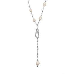 Sterling Silver White Pearl Oval Double Drop Necklace, N707_2.
