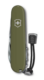 Green Swiss Army knife with a lanyard on a white background