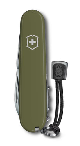 Green Swiss Army knife with a lanyard on a white background
