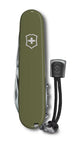 Green Swiss Army knife with a lanyard on a white background