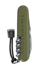 Green Victorinox pocket knife with keychain on a white background