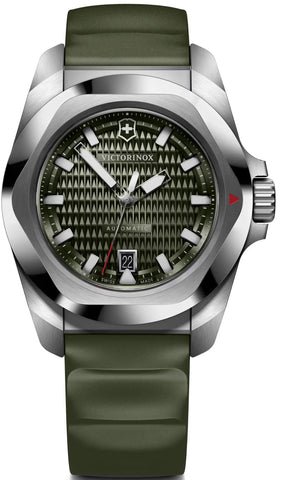 Victorinox watch with green strap and olive green dial on a white background