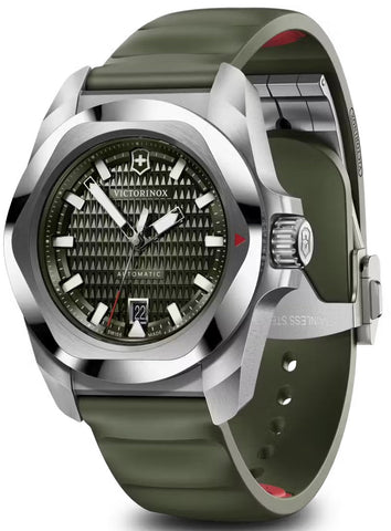 Victorinox watch with green strap and silver case on white background