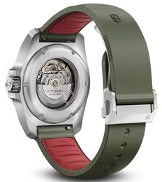 Watch with a green strap and red interior on a white background