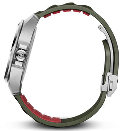 Close-up of a watch with a green band and silver case on a white background