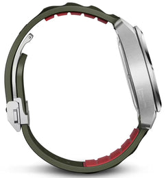 Smartwatch with a green band and red interior on a white background