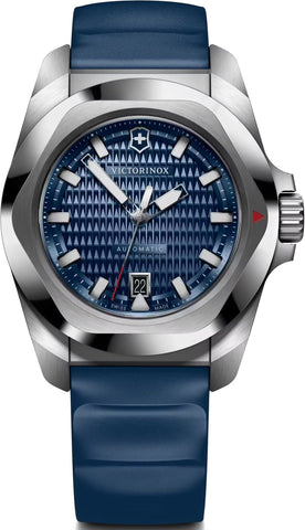 Victorinox watch with blue strap and blue dial on a white background