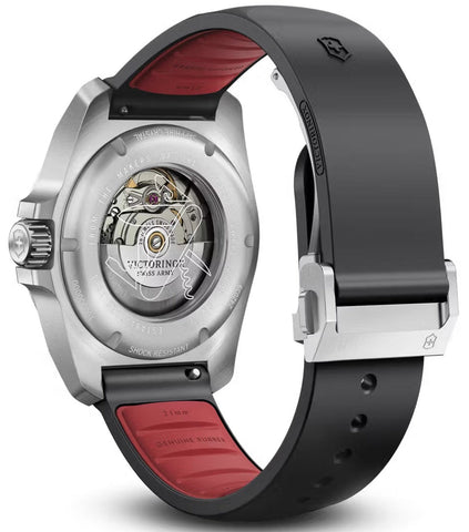 Watch with black strap and red interior, featuring a brand logo.