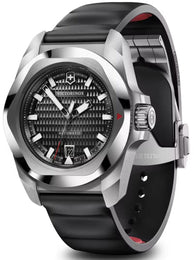 Victorinox watch with black strap and silver case on a white background