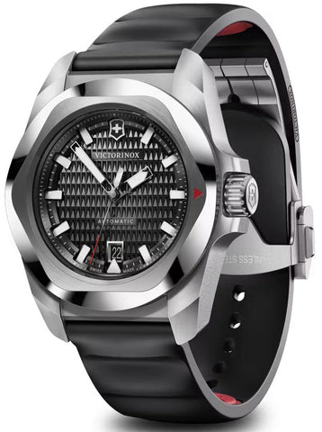 Victorinox watch with black strap and silver case on a white background