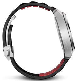 Close-up of a smartwatch with a black and red band on a white background
