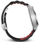 Close-up of a smartwatch with a black and red band on a white background