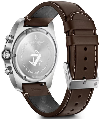 Victorinox watch with brown leather strap and silver case on a white background