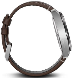 Smartwatch with brown leather strap and silver casing on a white background