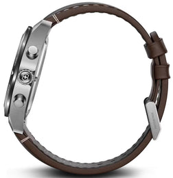 Close-up of a watch with a brown leather strap and silver case on a white background
