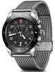 Victorinox watch with black dial and silver mesh band on a white background