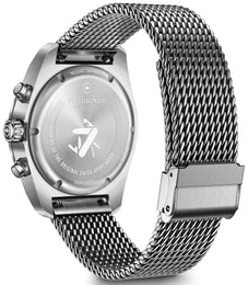 Silver Victorinox watch with mesh band on a white background