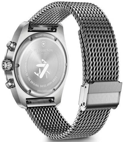 Silver Victorinox watch with mesh band on a white background