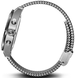 Silver watch with a detailed metal band on a white background