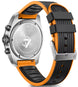Watch with orange and black strap on a white background