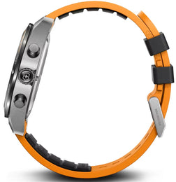 Close-up of a watch with an orange band and silver case on a white background